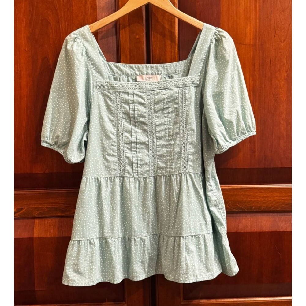 LOFT Women's Green Polka Dot Puff Sleeve Square Neck Cotton Blouse Top Large - Picture 2 of 13
